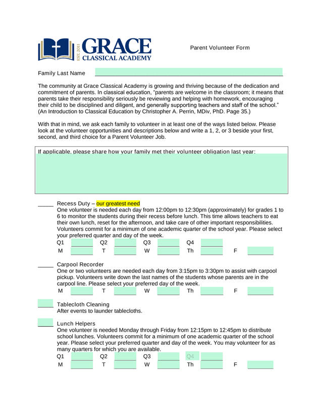 Parent Volunteer Form screenshot