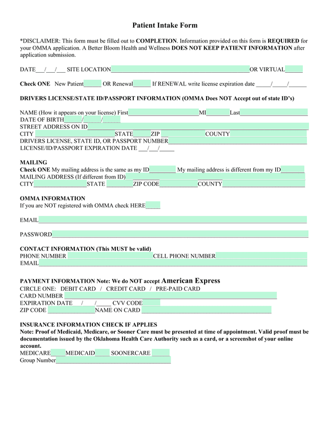 Patient Intake Form screenshot