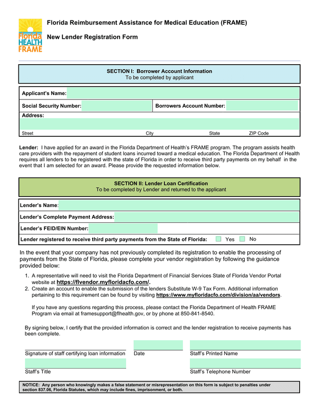 Florida Reimbursement Assistance For Medical Education (FRAME) New Lender Registration Form screenshot
