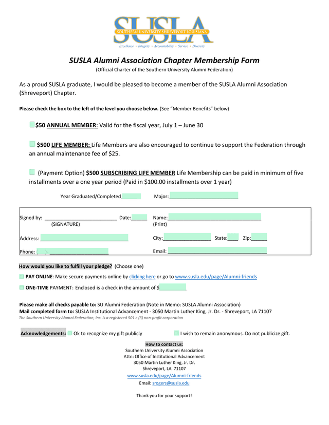 SUSLA Alumni Association Chapter Membership Form screenshot