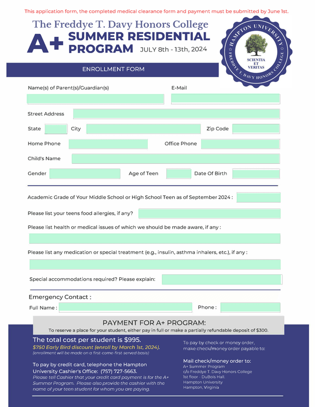 A Summer Residential Program Enrollment Form screenshot