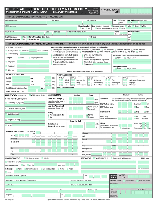 Health Care Provider Exam Form screenshot