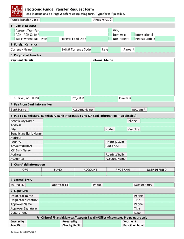Electronic Funds Transfer Request Form screenshot