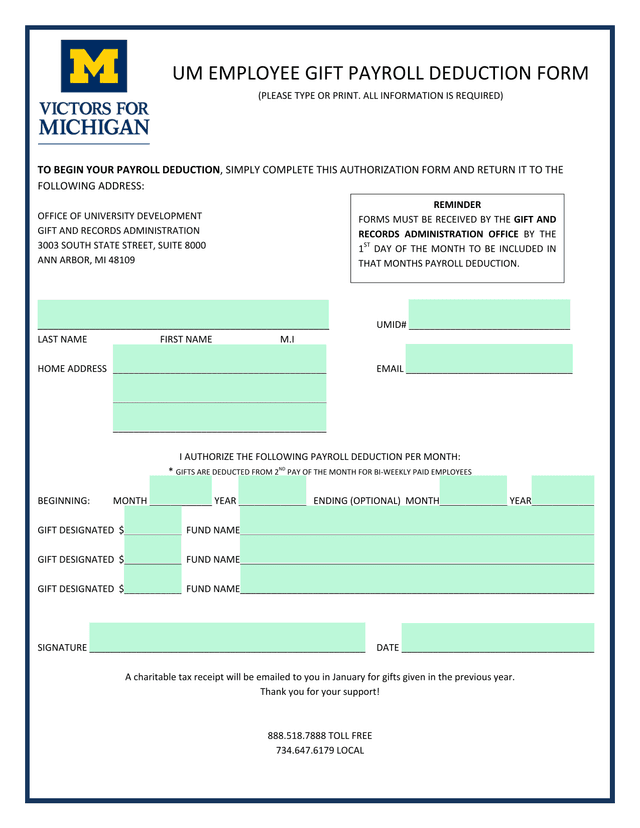 UM Employee Gift Payroll Deduction Form screenshot