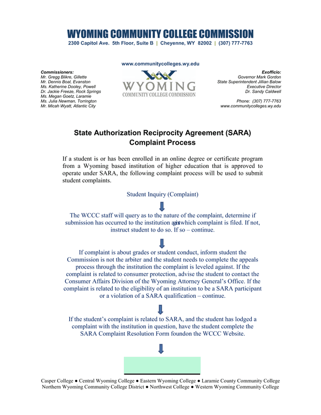 State Authorization Reciprocity Agreement (SARA) Complaint Process screenshot