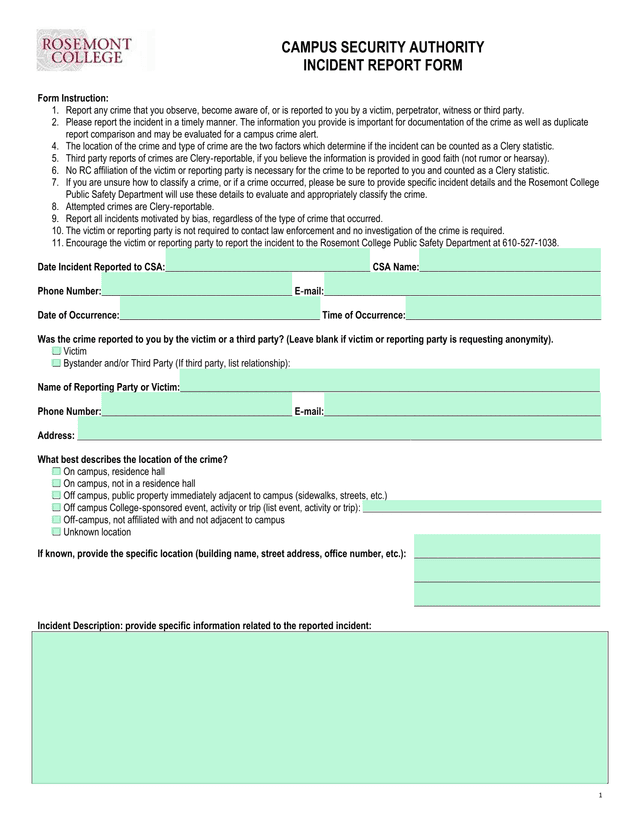 Campus Security Authority Incident Report Form screenshot