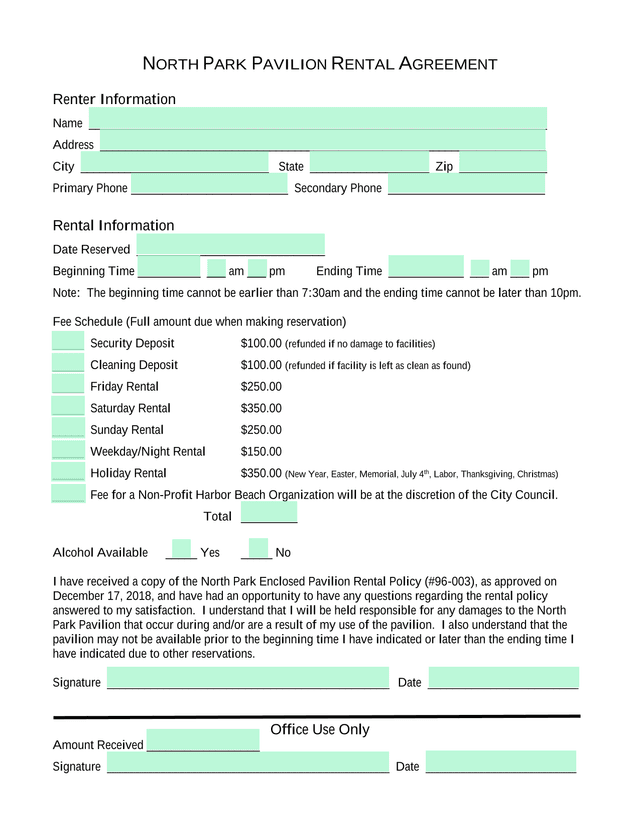 North Park Pavilion Rental Agreement screenshot