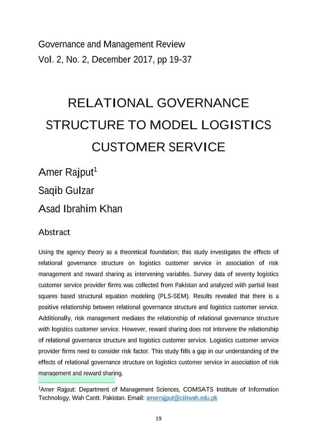 Relational Governance Structure To Model Logistics Customer Service screenshot