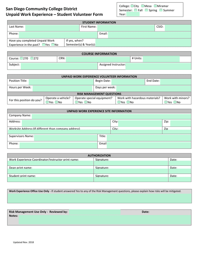 Unpaid Work Experience  Student Volunteer Form screenshot