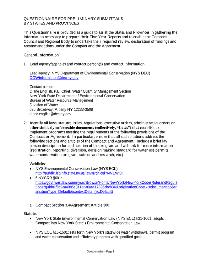 Questionnaire For Preliminary Submittals By States And Provinces screenshot