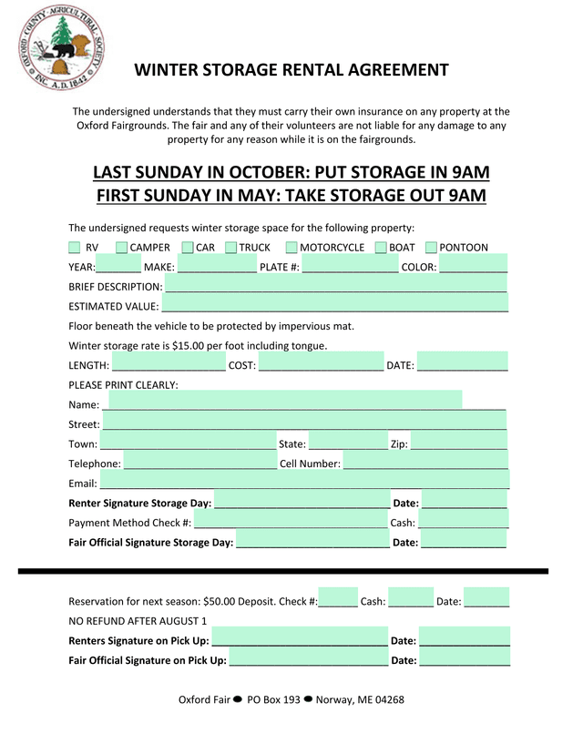 Winter Storage Rental Agreement screenshot