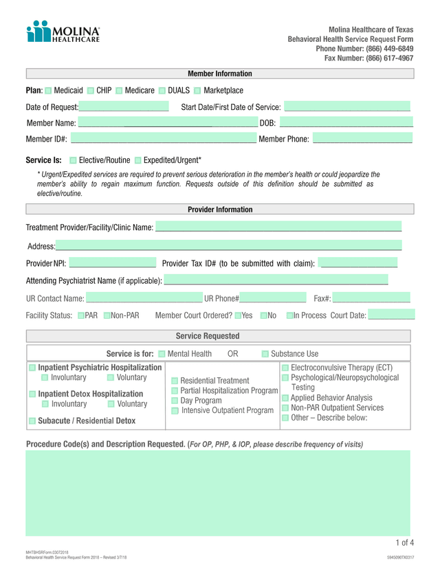 Behavioral Health Service Request Form screenshot