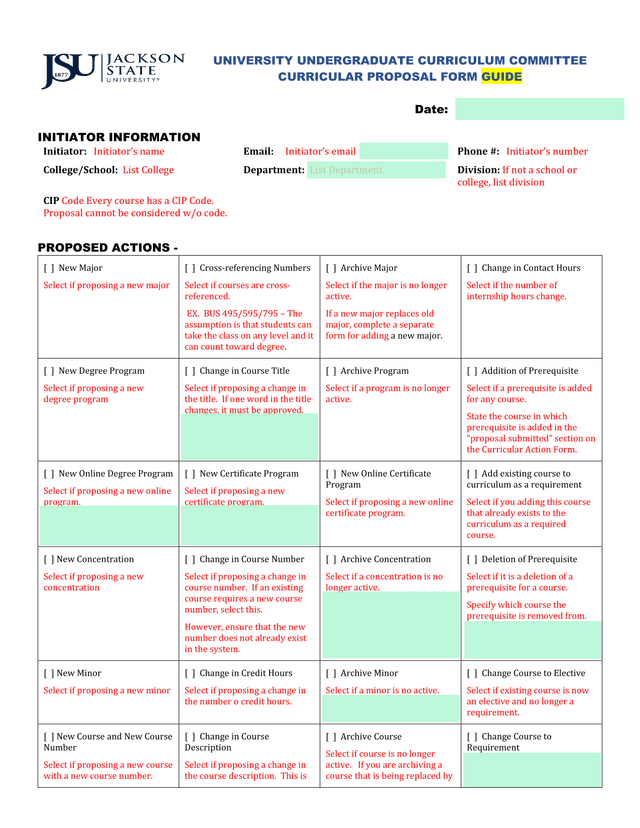University Undergraduate Curriculum Committee Curricular Proposal Form Guide screenshot