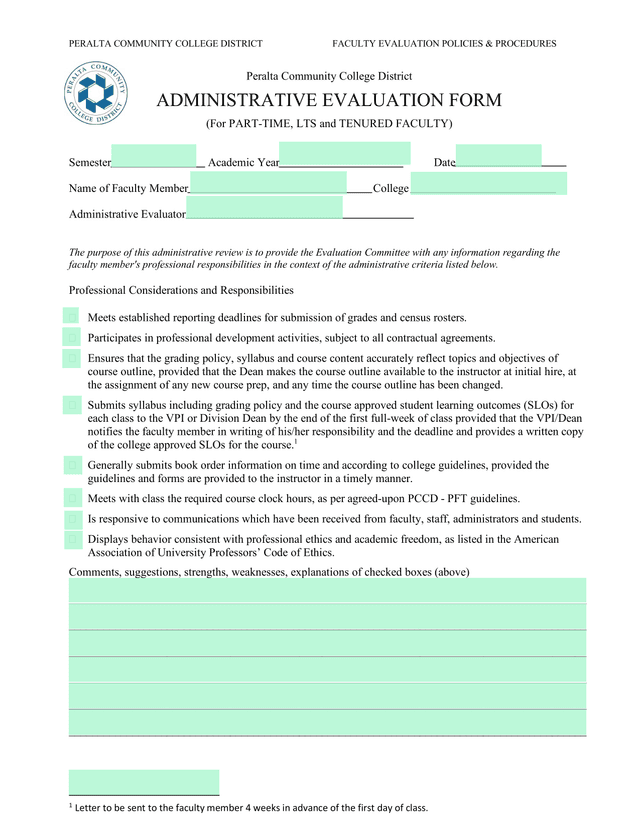 Administrative Evaluation Form (Part Time, LTS And Tenured Faculty) screenshot