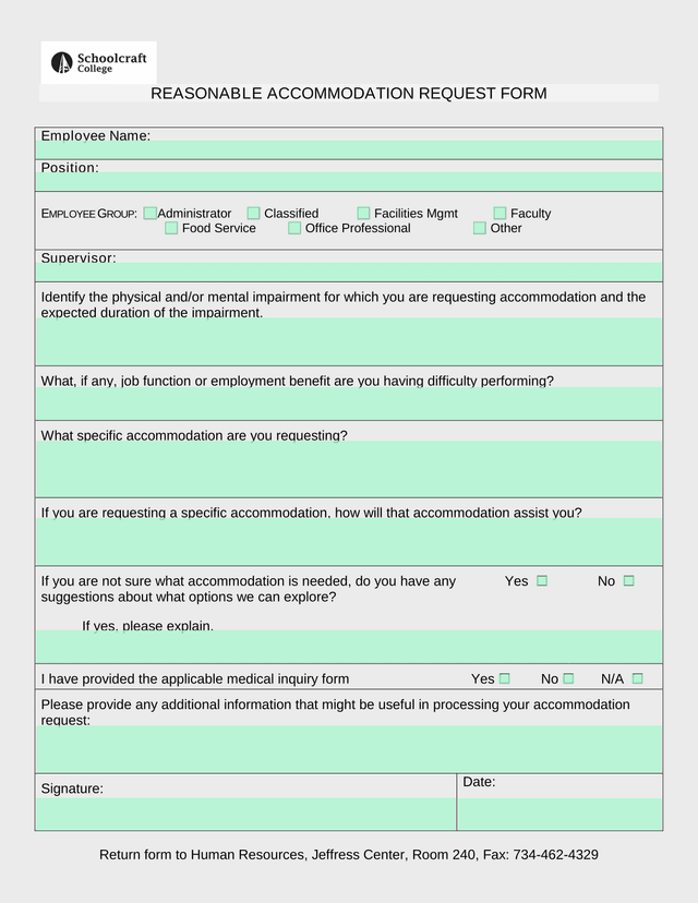 Reasonable Accommodation Request Form screenshot