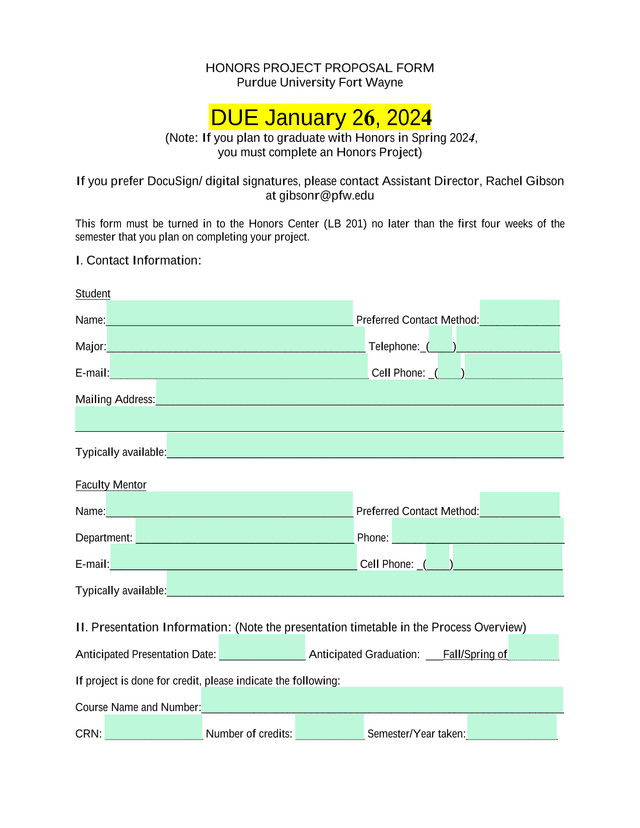 Honors Project Proposal Form screenshot
