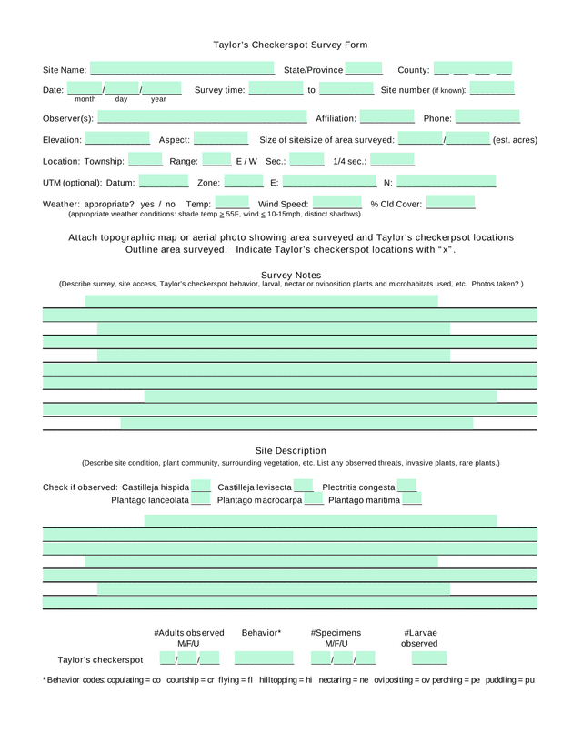 TaylorS Checkerspot Survey Form screenshot