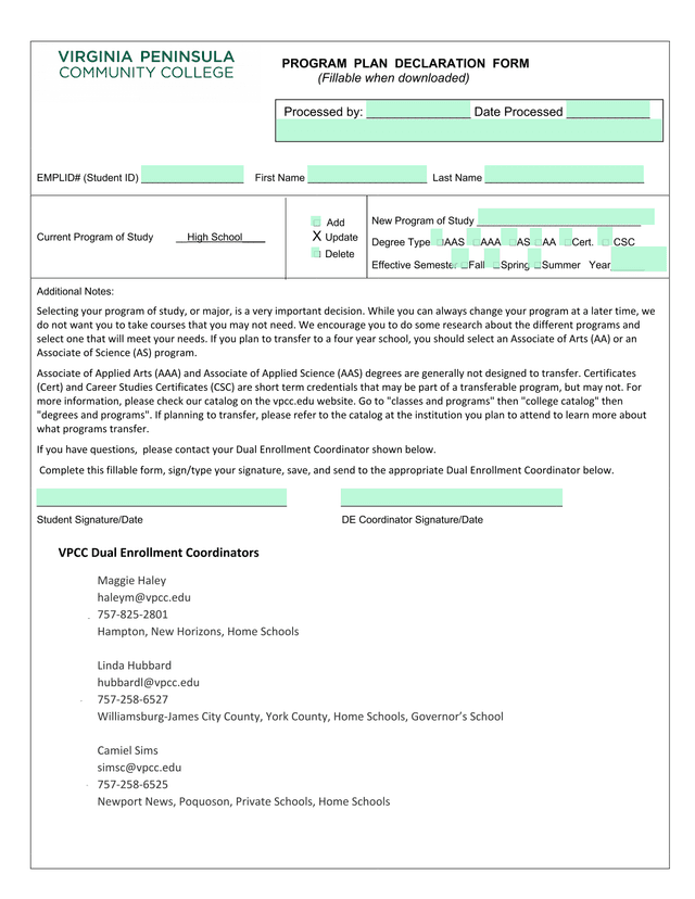 Program Plan Declaration Form screenshot