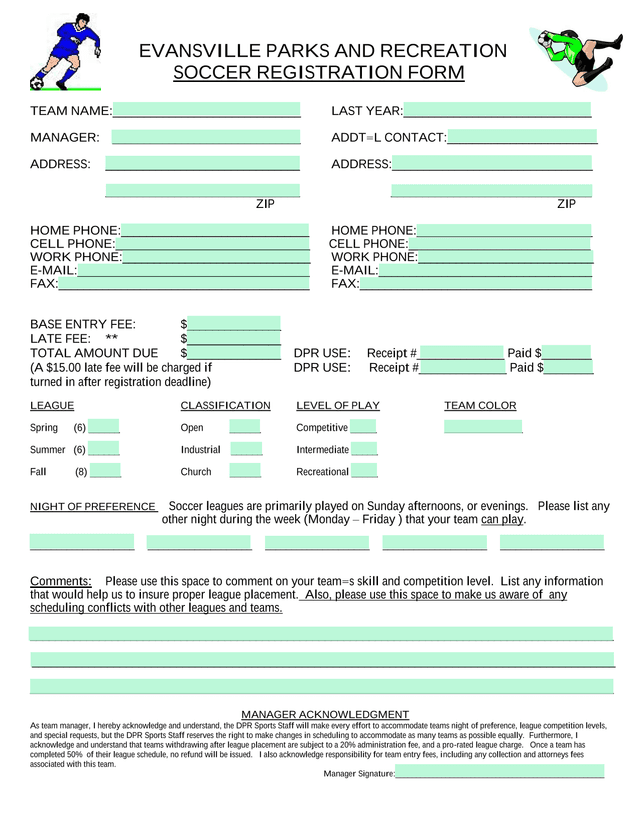 EVANSVILLE PARKS AND RECREATION SOCCER REGISTRATION FORM screenshot