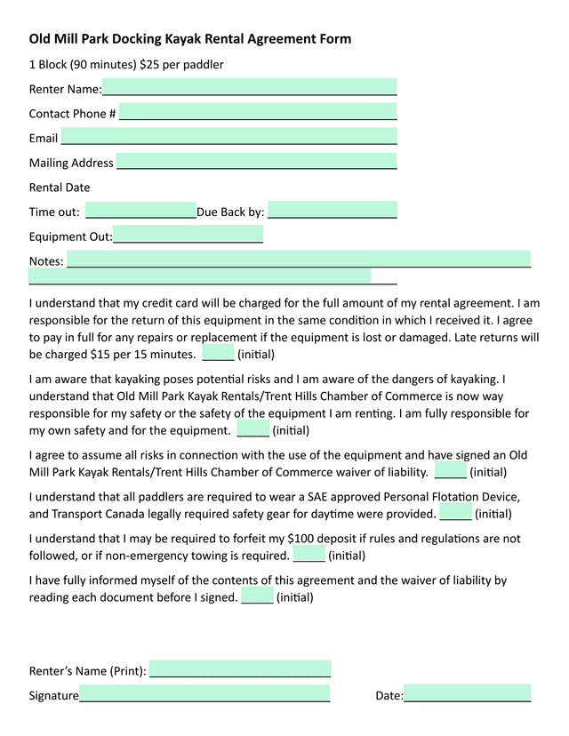 Old Mill Park Docking Kayak Rental Agreement Form screenshot