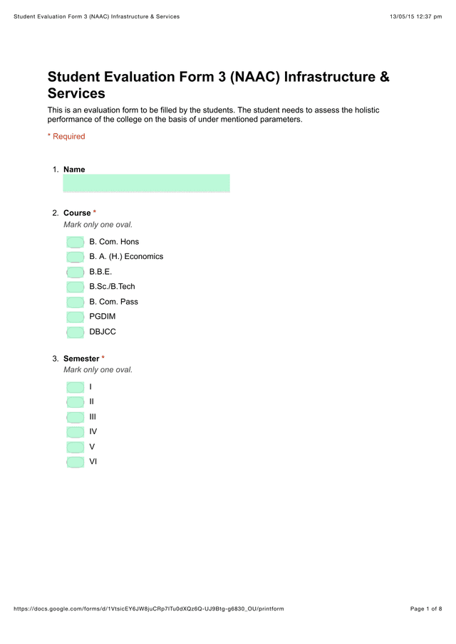 Student Evaluation Form 3 (NAAC) Infrastructure  Services screenshot