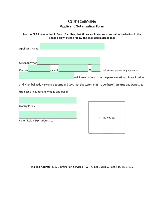 South Carolina Applicant Notarization Form screenshot