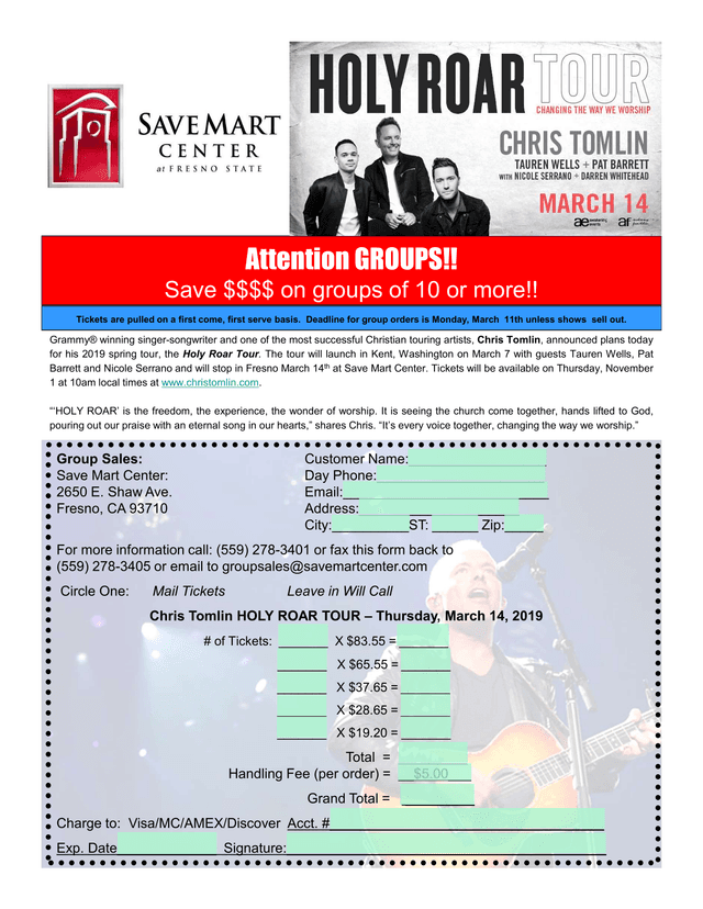 Chris Tomlin HOLY ROAR TOUR Group Sales Form screenshot
