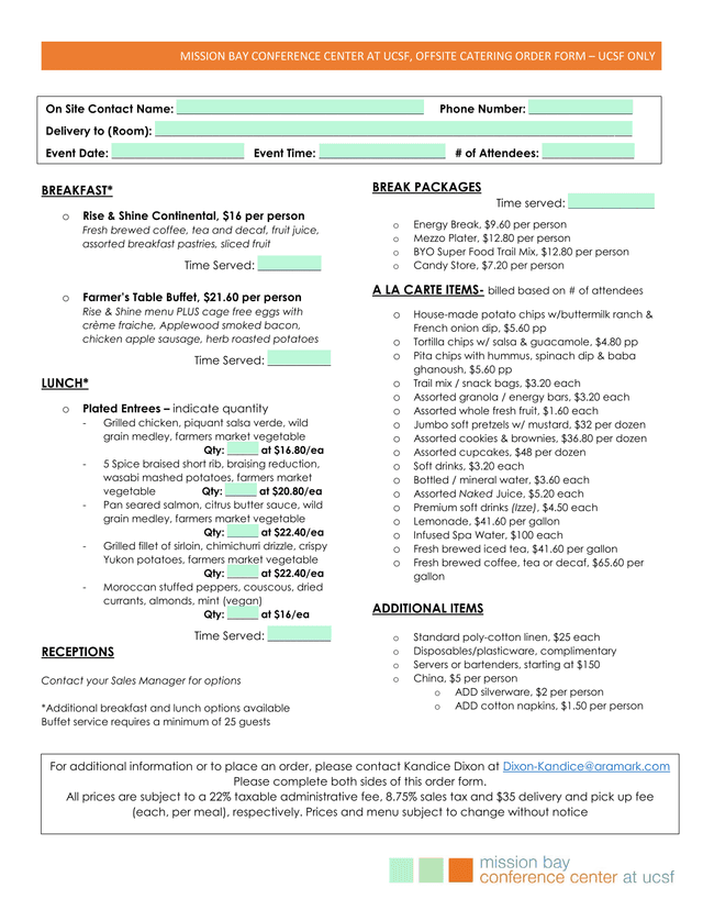 Mission Bay Conference Center At UCSF, Offsite Catering Order Form  UCSF Only screenshot