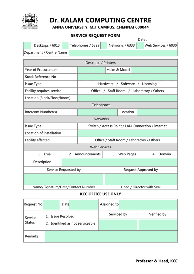 Service Request Form screenshot