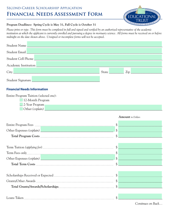 Second Career Scholarship Application Financial Needs Assessment Form screenshot