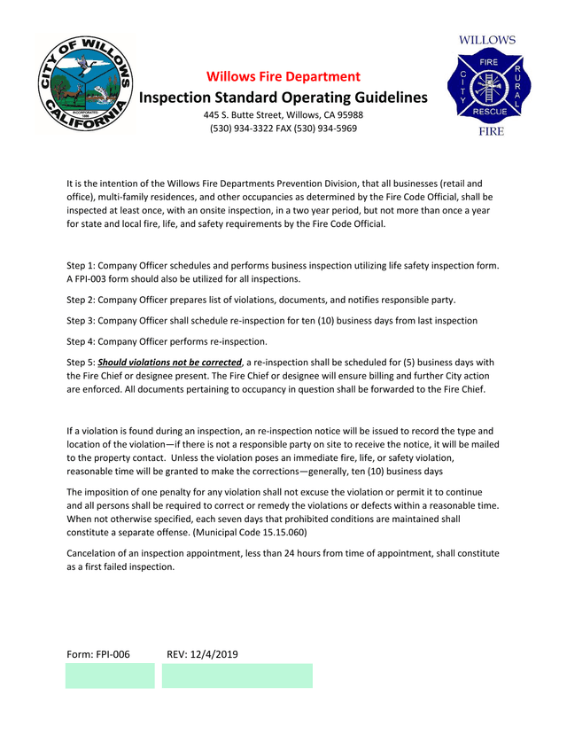 Willows Fire Department Inspection Standard Operating Guidelines screenshot