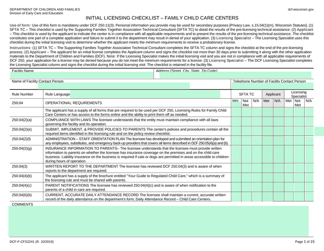 DCF F CFS2241 Initial Licensing Checklist  Family Child Care Centers screenshot