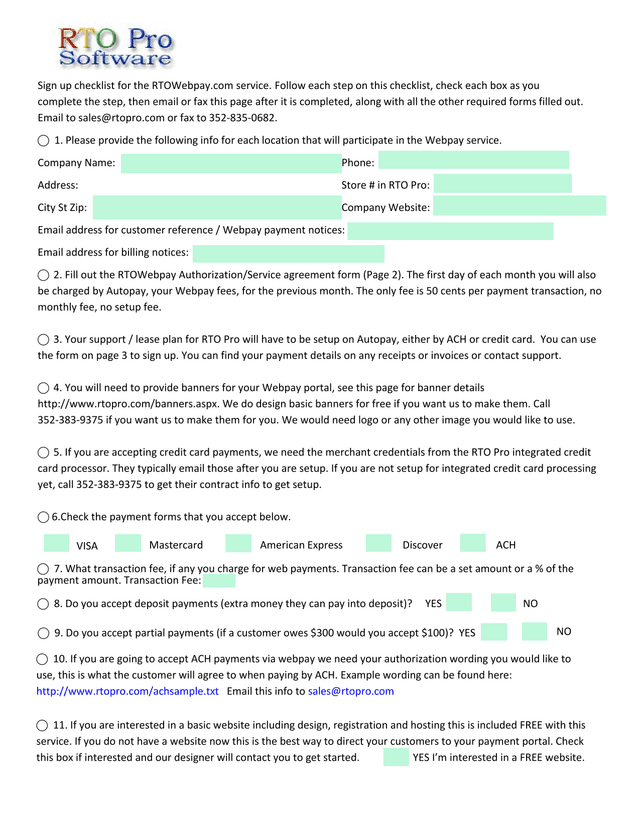 RTOWebpay Service Sign Up Checklist screenshot