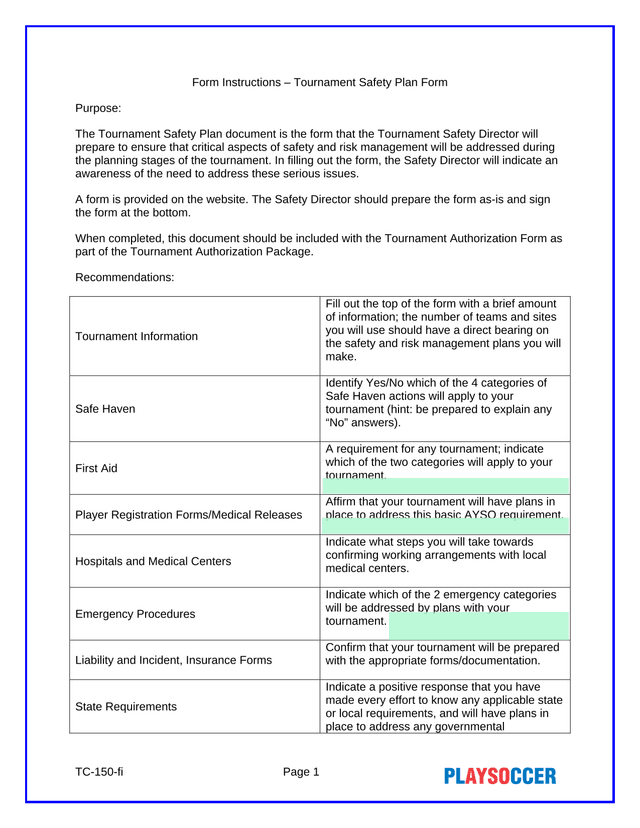 Tournament Safety Plan Form screenshot