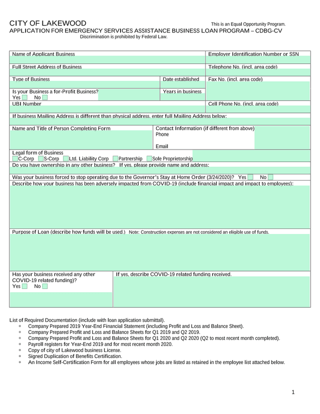 APPLICATION FOR EMERGENCY SERVICES ASSISTANCE BUSINESS LOAN PROGRAM  CDBG CV screenshot