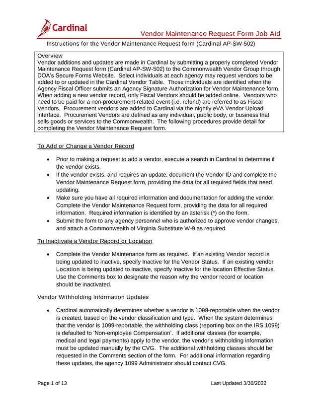 Vendor Maintenance Request Form Job Aid screenshot