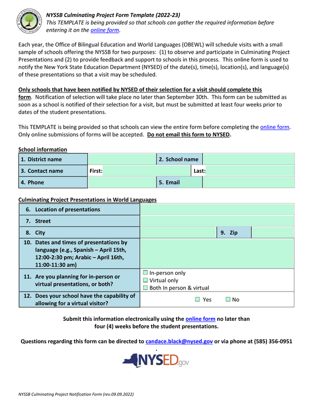 NYSSB Culminating Project Notification Form screenshot