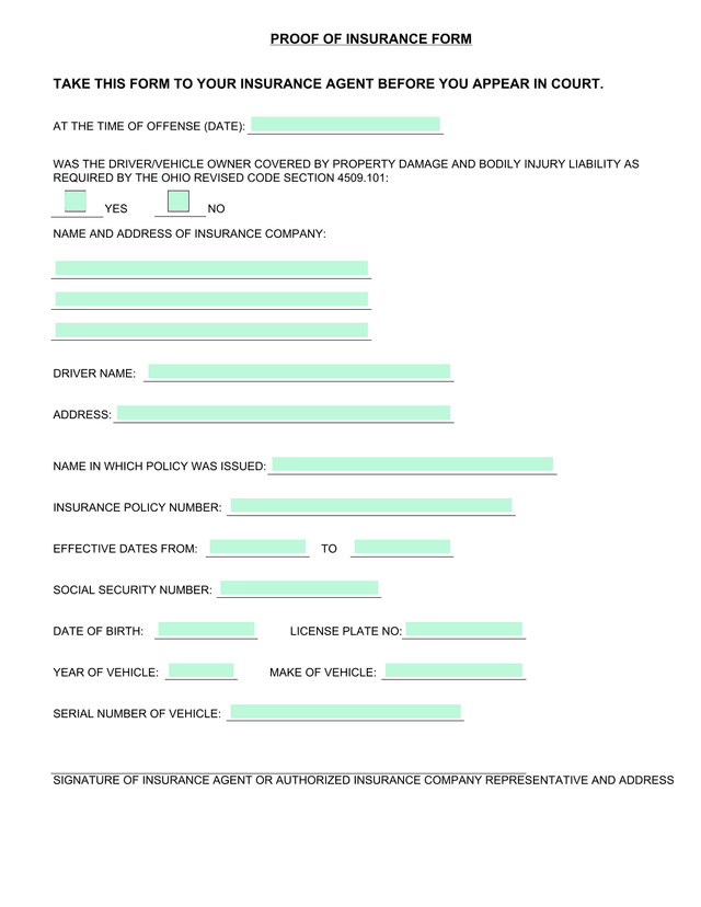 Proof Of Insurance Form screenshot