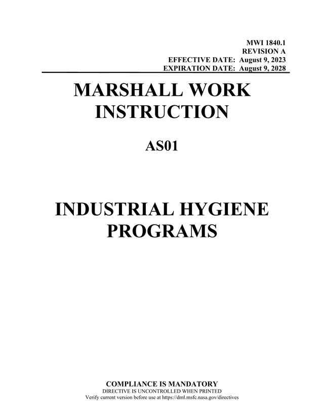 Marshall Work Instruction MWI 1840.1   Industrial Hygiene Programs screenshot