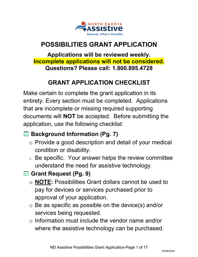 ND Assistive Possibilities Grant Application screenshot
