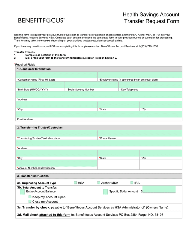 Health Savings Account Transfer Request Form screenshot