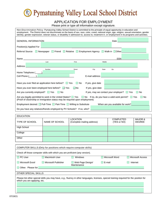 APPLICATION FOR EMPLOYMENT screenshot