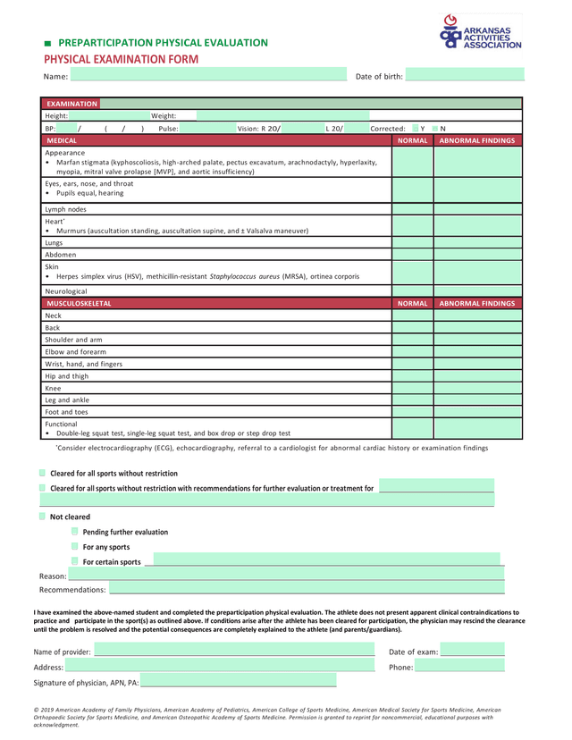 Preparticipation Physical Evaluation Physical Examination Form screenshot