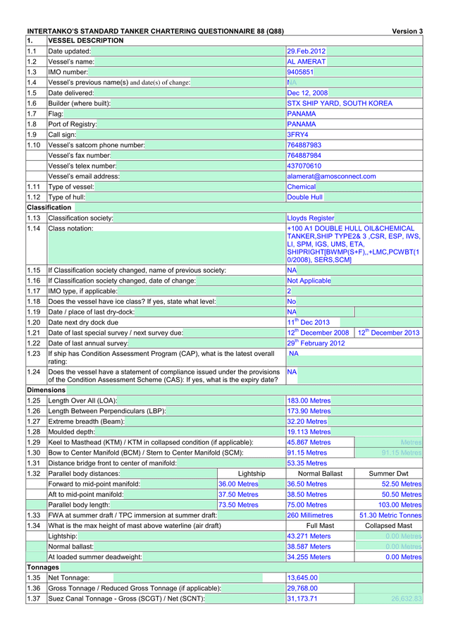 INTERTANKOS Standard Tanker Chartering Questionnaire 88 (Q88) screenshot