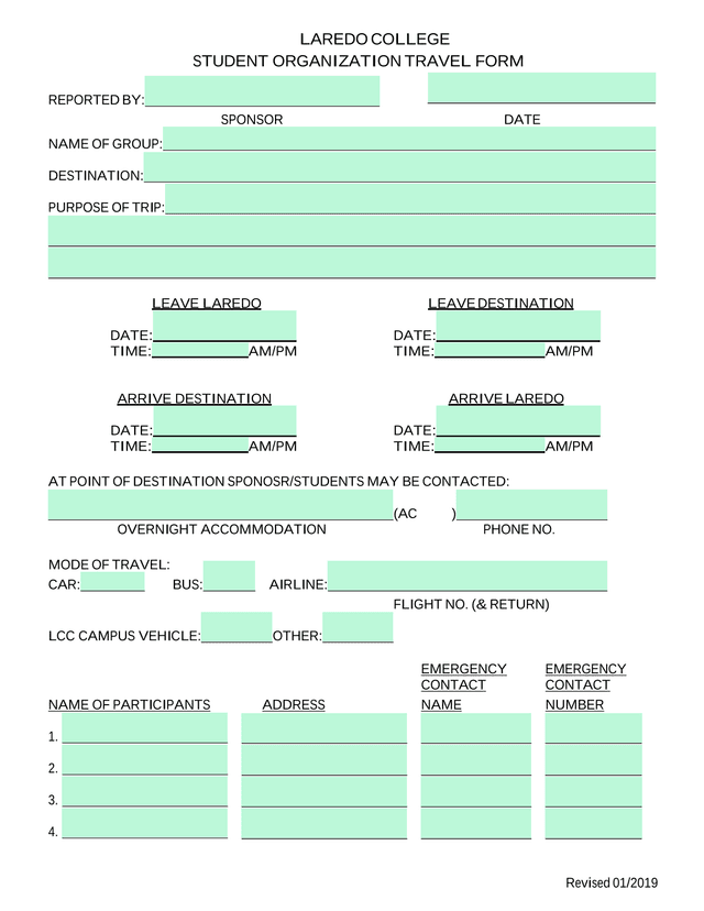 LAREDO COLLEGE STUDENT ORGANIZATION TRAVEL FORM screenshot