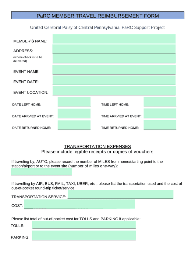 PaRC Member Travel Reimbursement Form screenshot