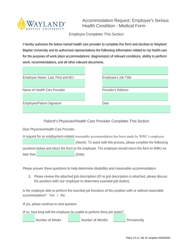 Accommodation Request EmployeeS Serious Health Condition   Medical Form screenshot