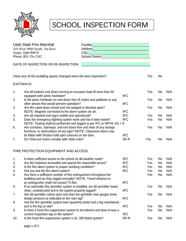 Utah State Fire Marshal School Inspection Checklist screenshot