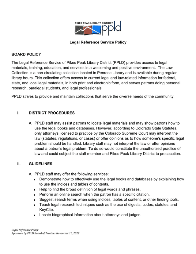 Legal Reference Service Policy screenshot