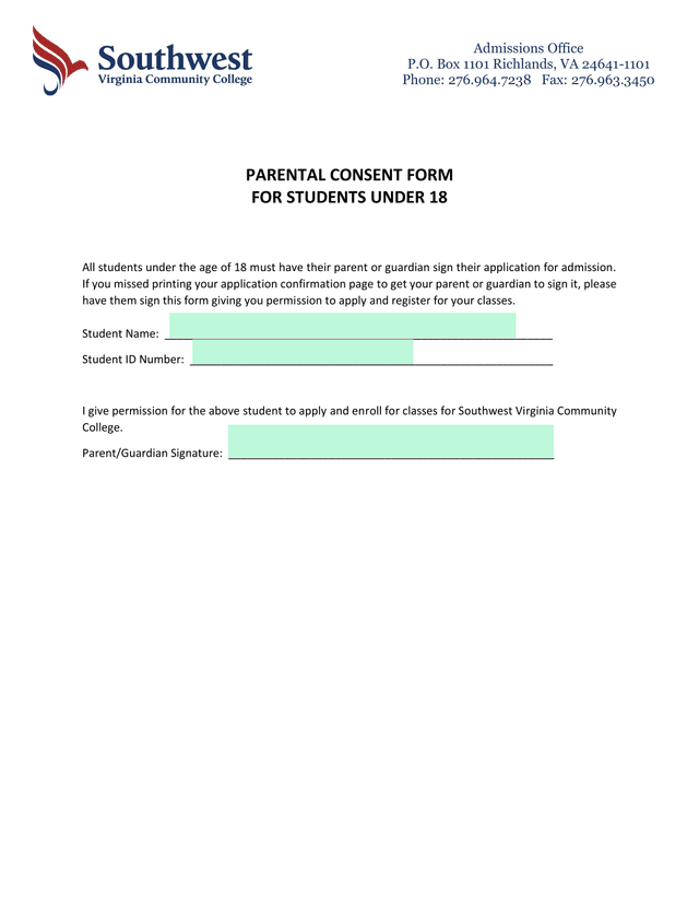 Parental Consent Form For Students Under 18 screenshot
